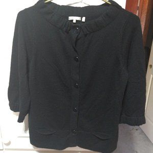 Vince 100% Cashmere Black Button Down Sweater with Ruffled Collar Trim